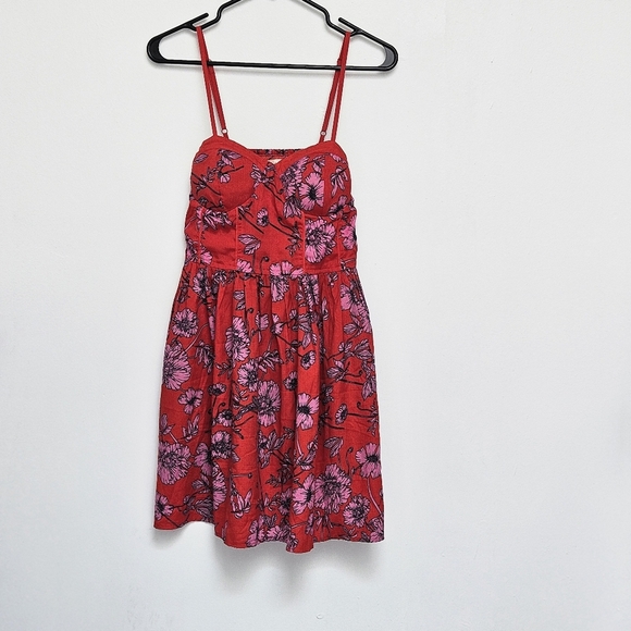 Band Of The Free Sz M Floral Red and Pink Smocked Pocker Strap Flowy Sundress - Picture 10 of 11